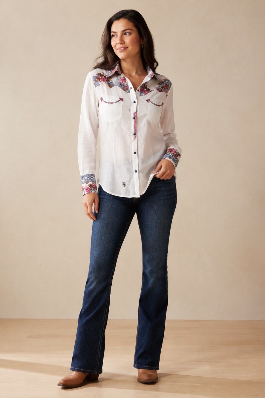 Ariat Demi Shirt Women’s Medium White Floral Pearl Snap Western 100% Cotton